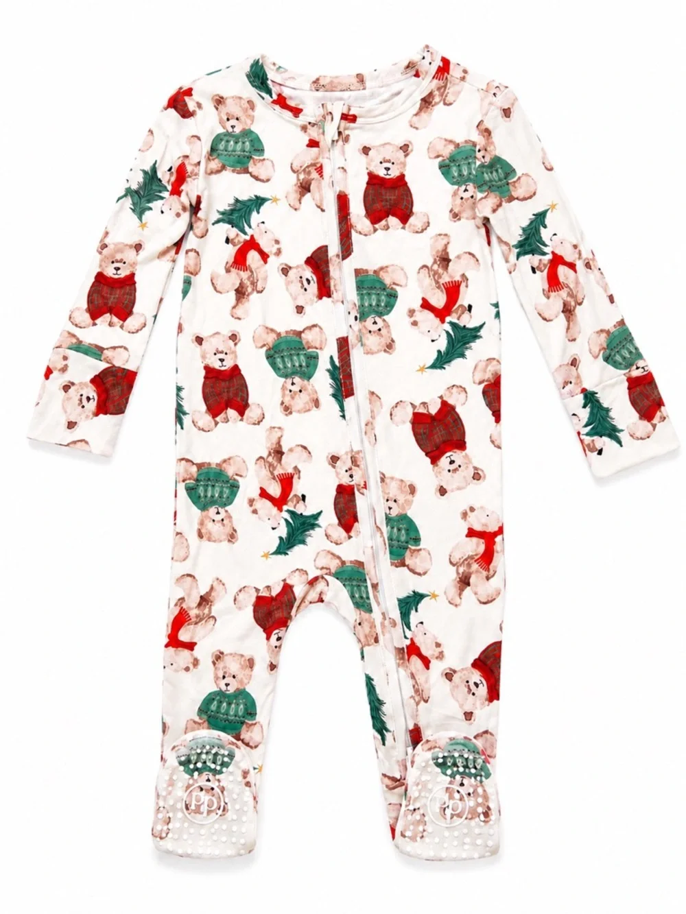 New - Posh Peanut White One-Piece with Red & Green Holiday Bear Print